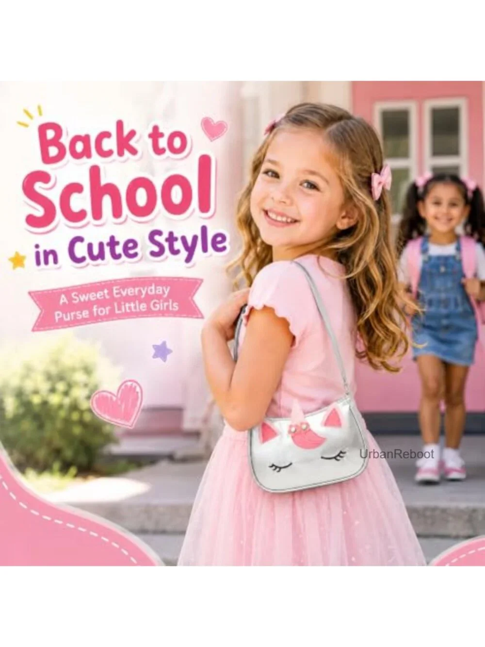 Girls Unicorn Print Faux Leather Shoulder Handbag Zipper Kids Purse